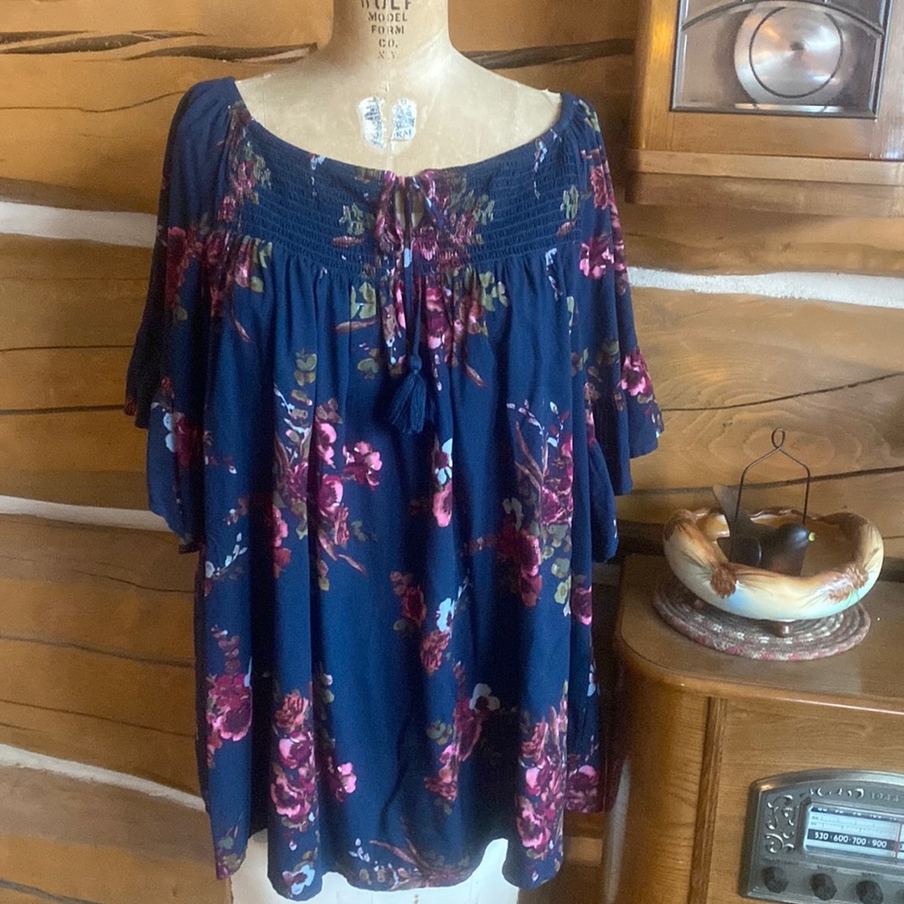 Terra & Sky blouse Women's 1X 16W - 18 W blue pink floral shirt top EUC Rayon